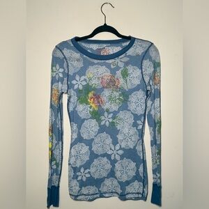 Free People Floral Lace Print Thermal Top | Small | Boho Waffle Knit Long Sleeve